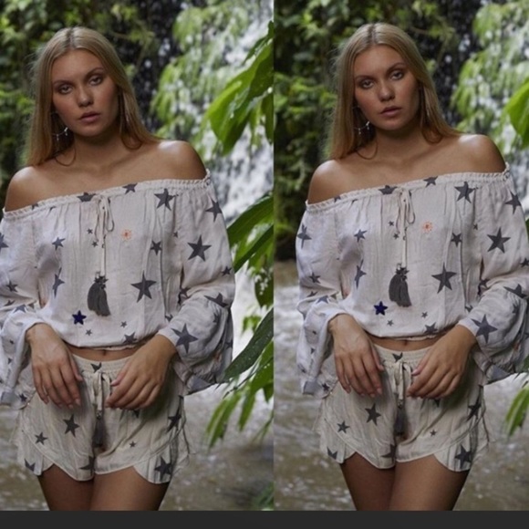 surf gypsy off the shoulder star top sequence size small beige gray bohemian - Picture 1 of 8